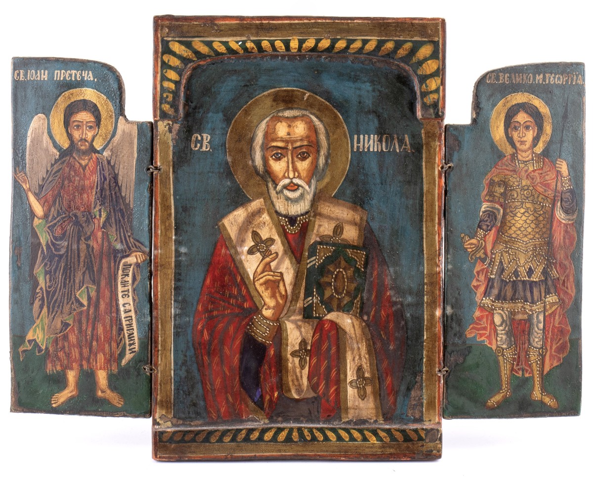 Icona Russa da viaggio  - San Nicola, San Giovanni e San Giorgio.