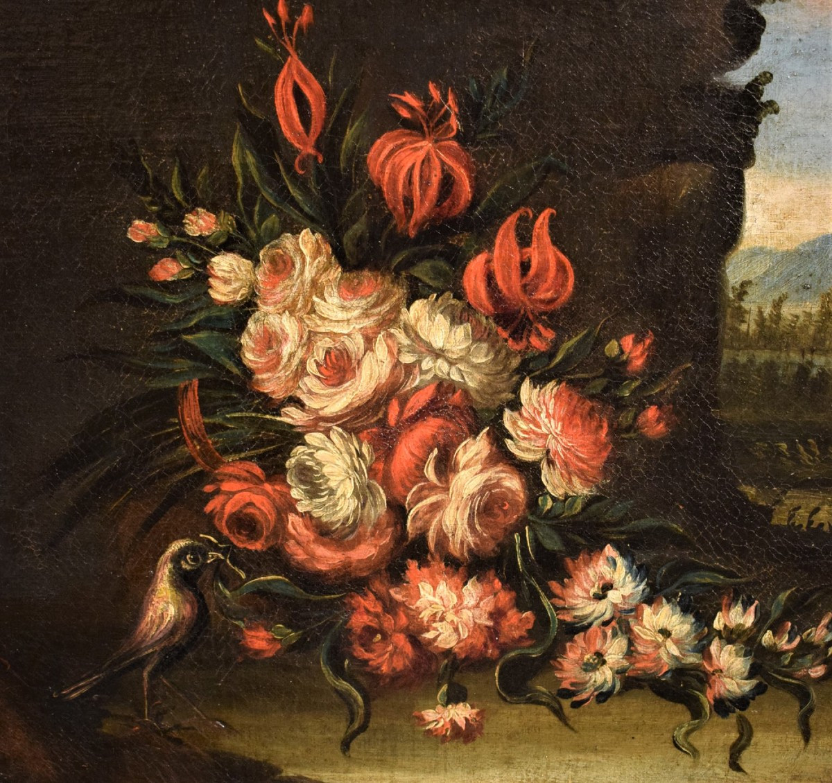 Natura morta di fiori con paesaggio - scuola veneta del '700-photo-2