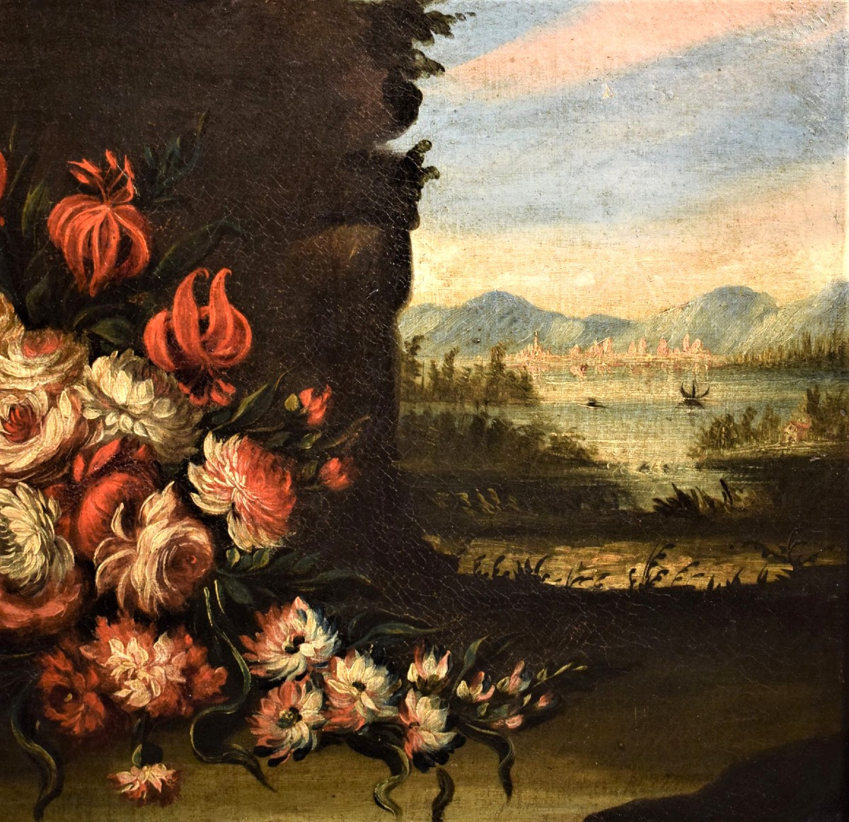 Natura morta di fiori con paesaggio - scuola veneta del '700-photo-3