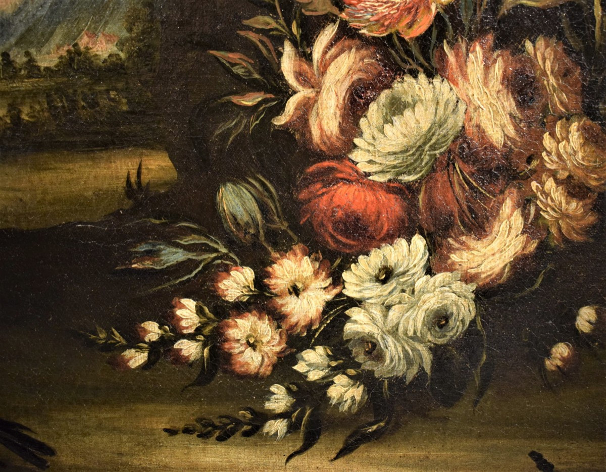 Natura morta di fiori con paesaggio - scuola veneta del '700-photo-3