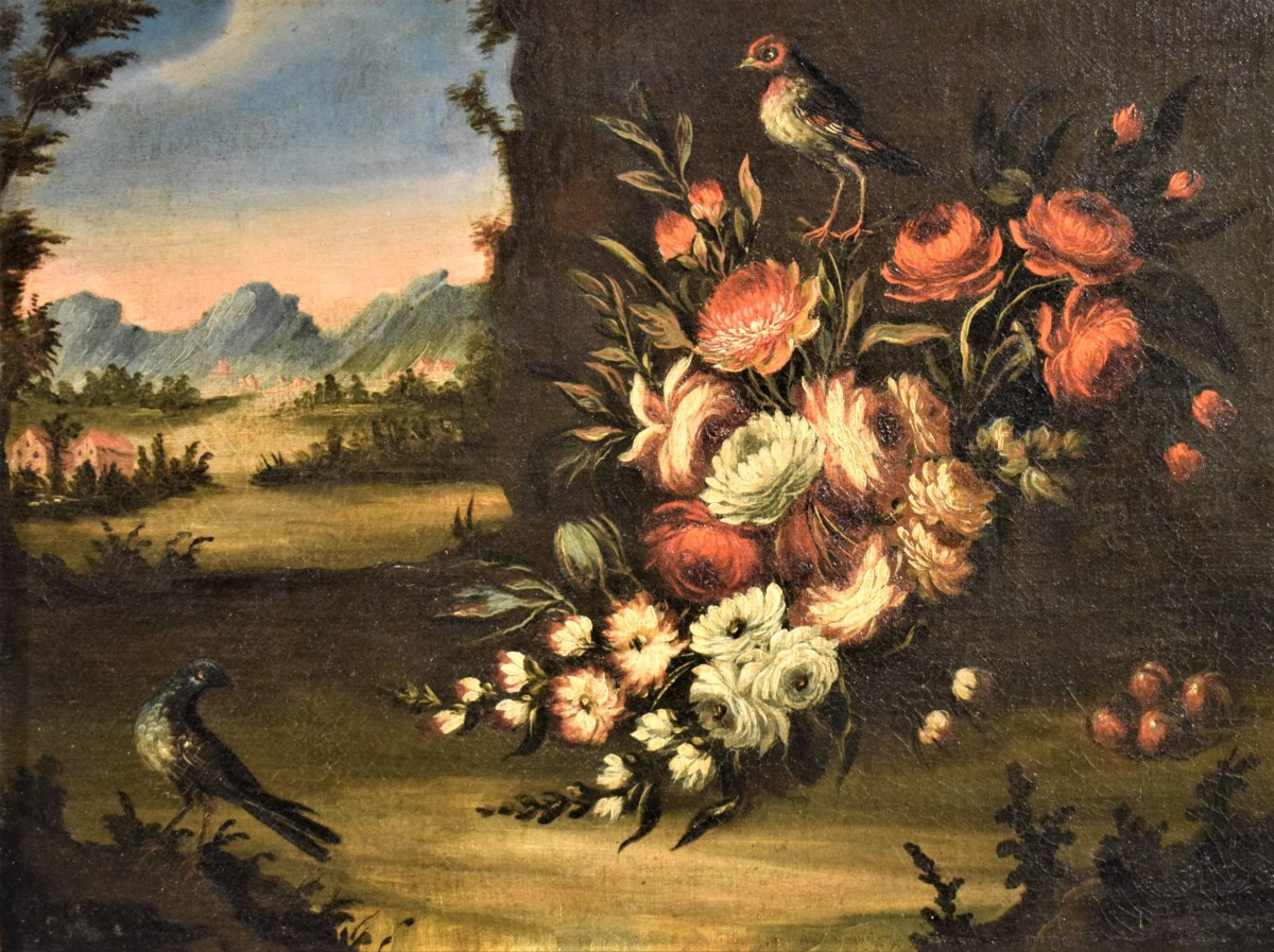 Natura morta di fiori con paesaggio - scuola veneta del '700