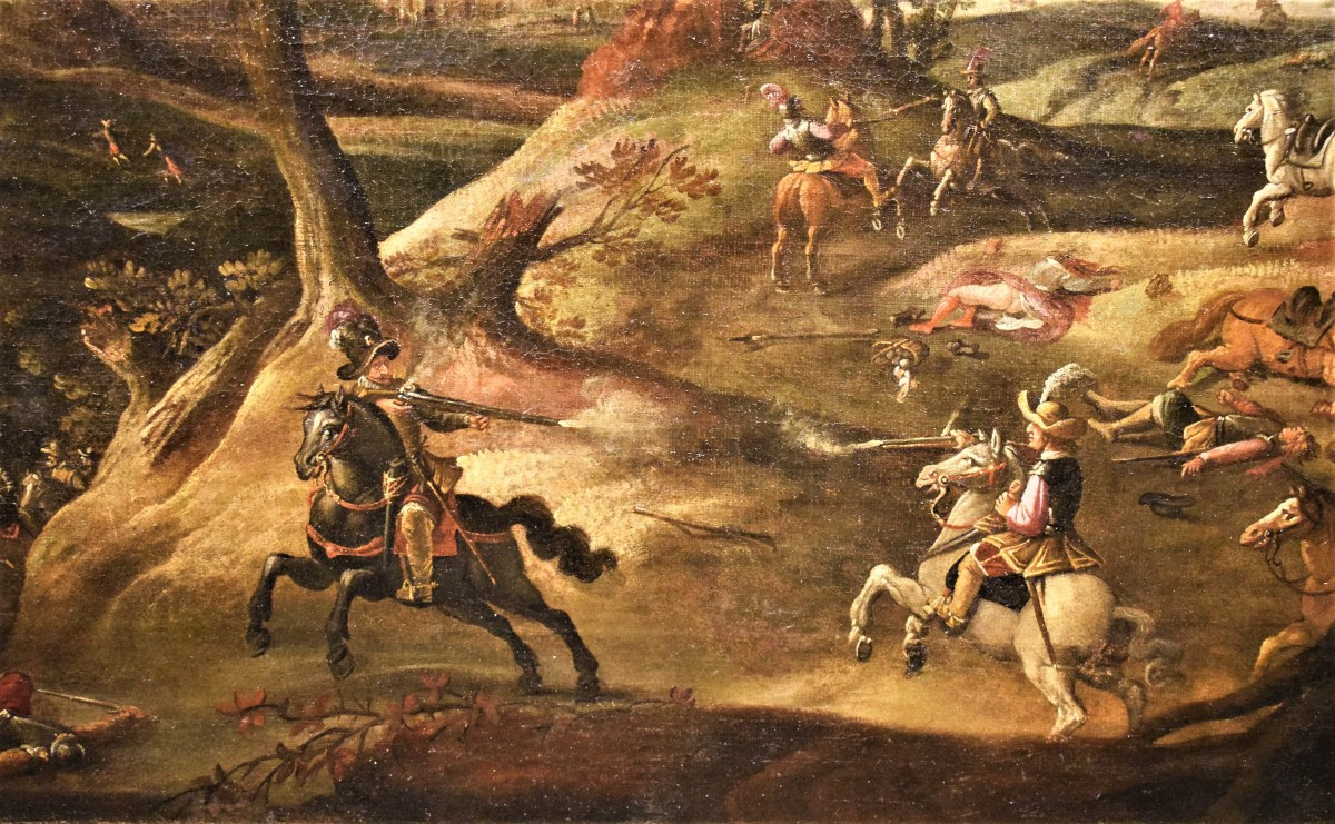 Assalto al villaggio con scontro tra cavalieri - Maestro Fiammingo del XVII° secolo-photo-1