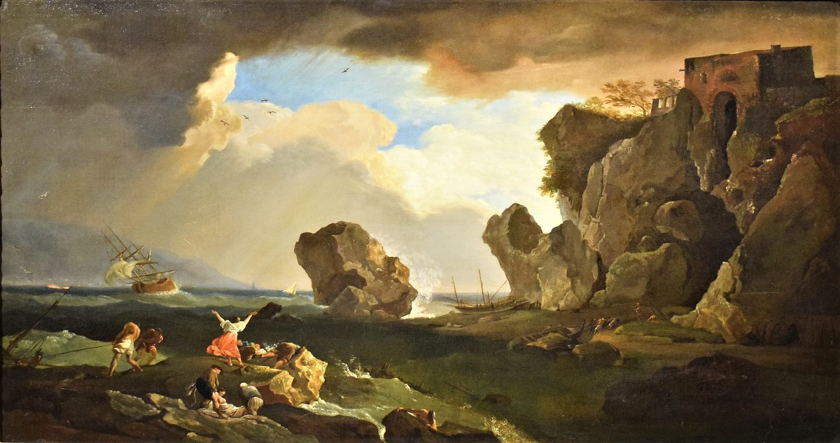Naufragio sulla scogliera  Claude Joseph Vernet (Avignone 1714 - Parigi 1789) Firmato e datato-photo-2