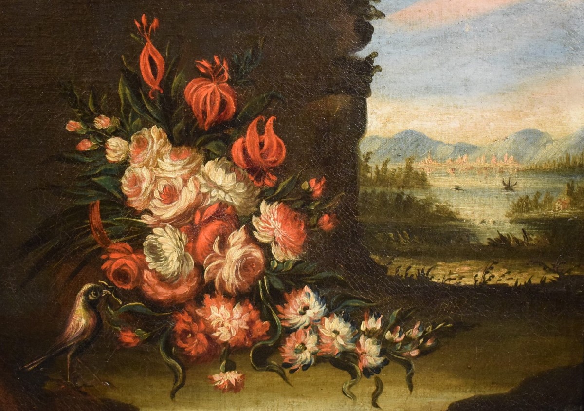 Coppia di Nature Morte di Fiori con  Paesaggi​​​  Veneti  - XVIII° secolo-photo-2