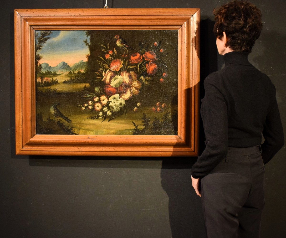 Coppia di Nature Morte di Fiori con  Paesaggi​​​  Veneti  - XVIII° secolo-photo-6