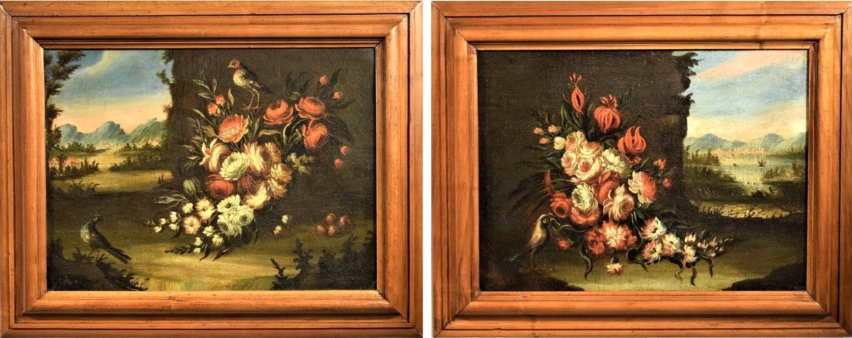 Coppia di Nature Morte di Fiori con  Paesaggi​​​  Veneti  - XVIII° secolo
