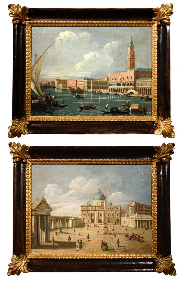 Coppia vedute di Venezia e Roma