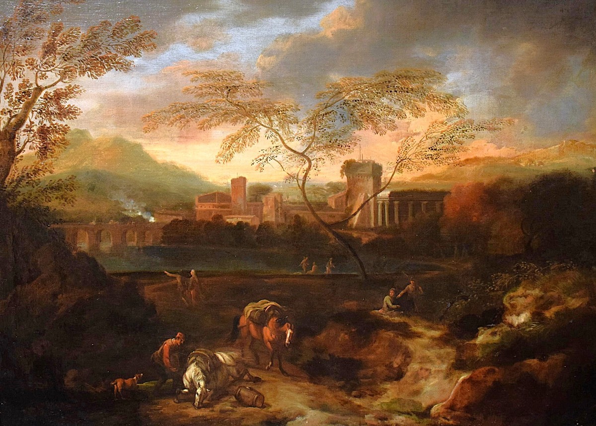 Paesaggio Idilliaco al tramonto - Bottega di Johann Heinrich Roos ( 1631-1685)-photo-2