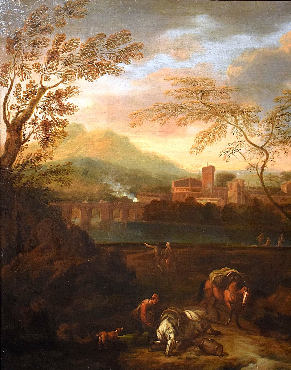 Paesaggio Idilliaco al tramonto - Bottega di Johann Heinrich Roos ( 1631-1685)-photo-3