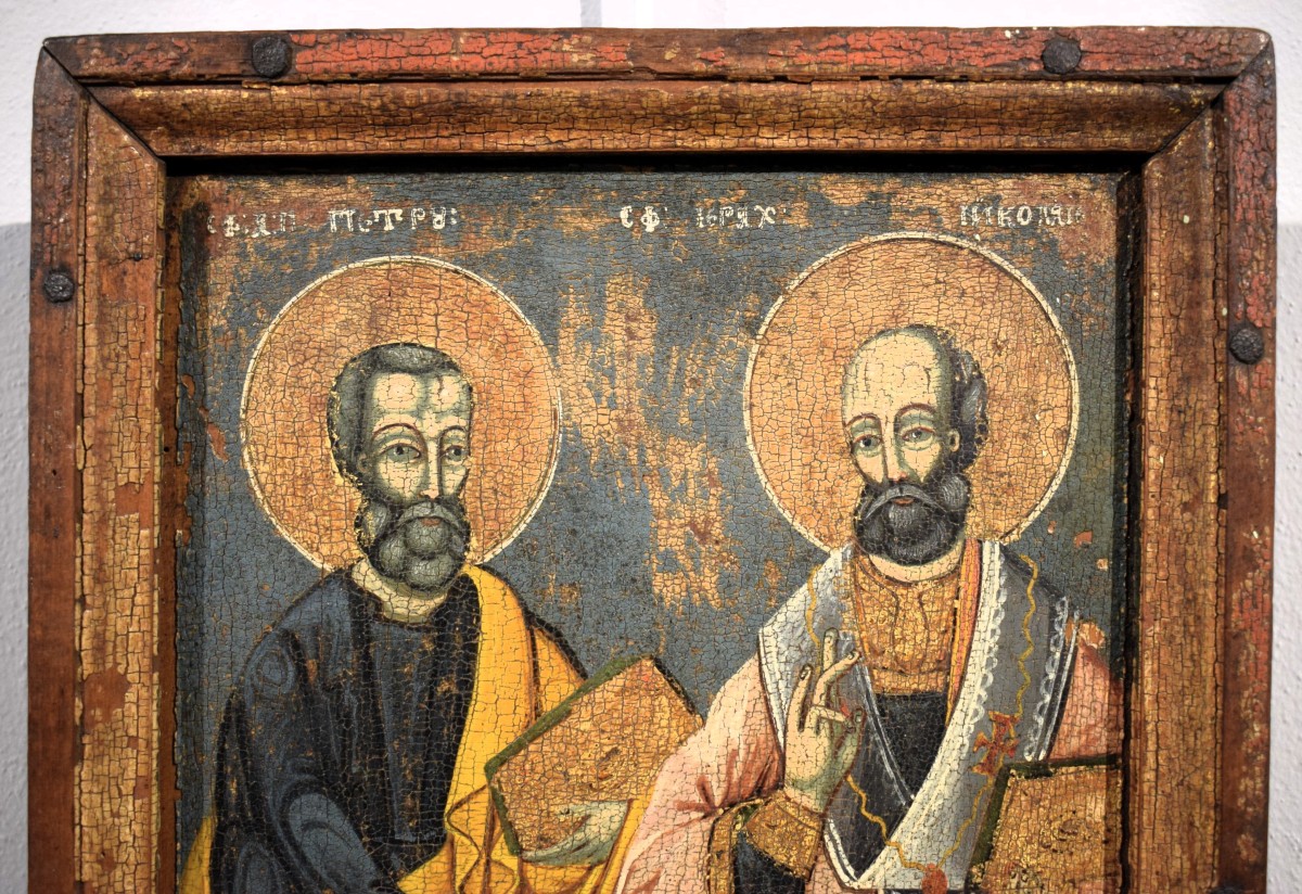 Antica icona Greca raffigurante i Santi Pietro e Paolo - Epoca '500-photo-4