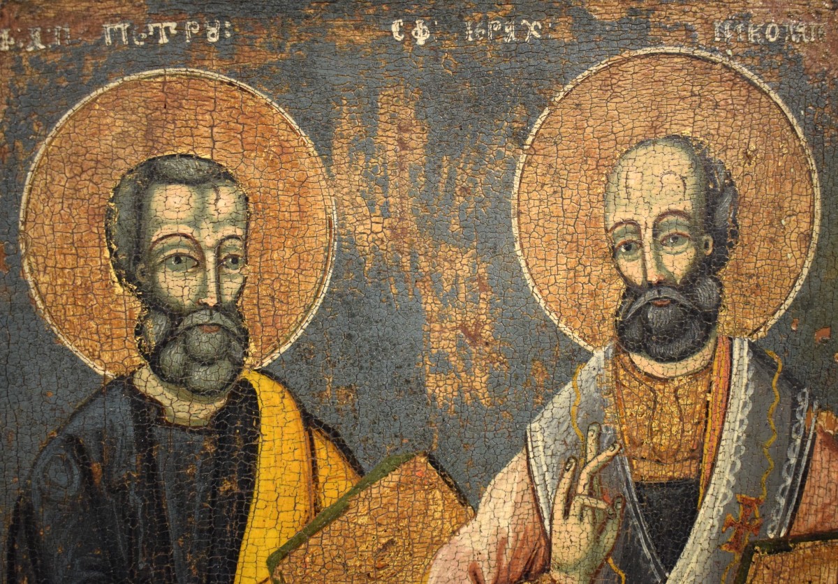 Antica icona Greca raffigurante i Santi Pietro e Paolo - Epoca '500-photo-1