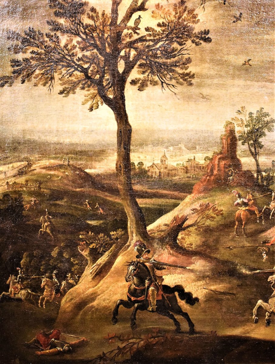 Assalto al villaggio con scontro tra cavalieri -Maestro Fiammingo, XVII° secolo-photo-3