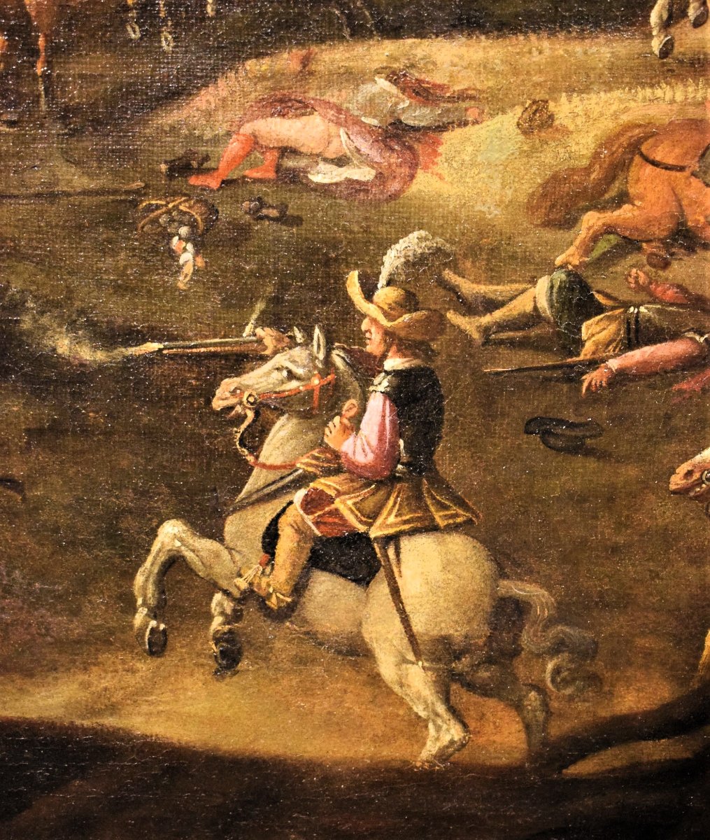 Assalto al villaggio con scontro tra cavalieri -Maestro Fiammingo, XVII° secolo-photo-2