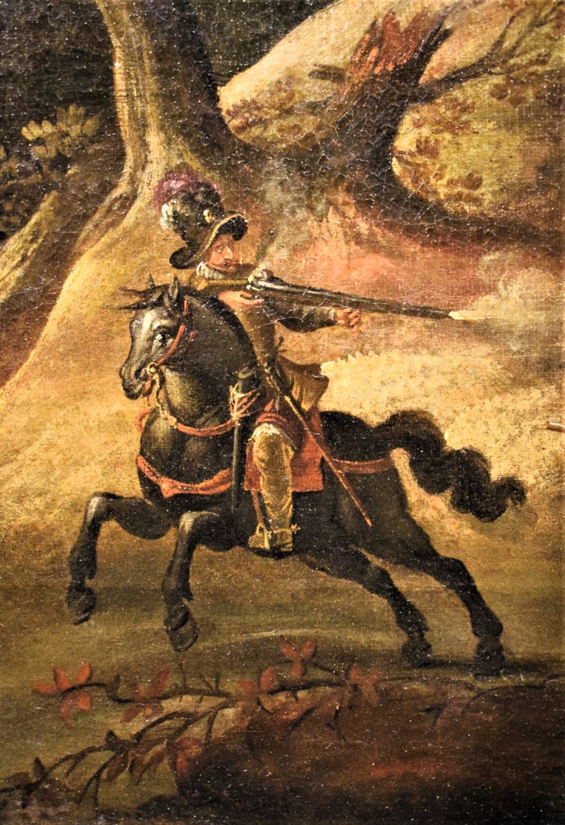 Assalto al villaggio con scontro tra cavalieri -Maestro Fiammingo, XVII° secolo-photo-3