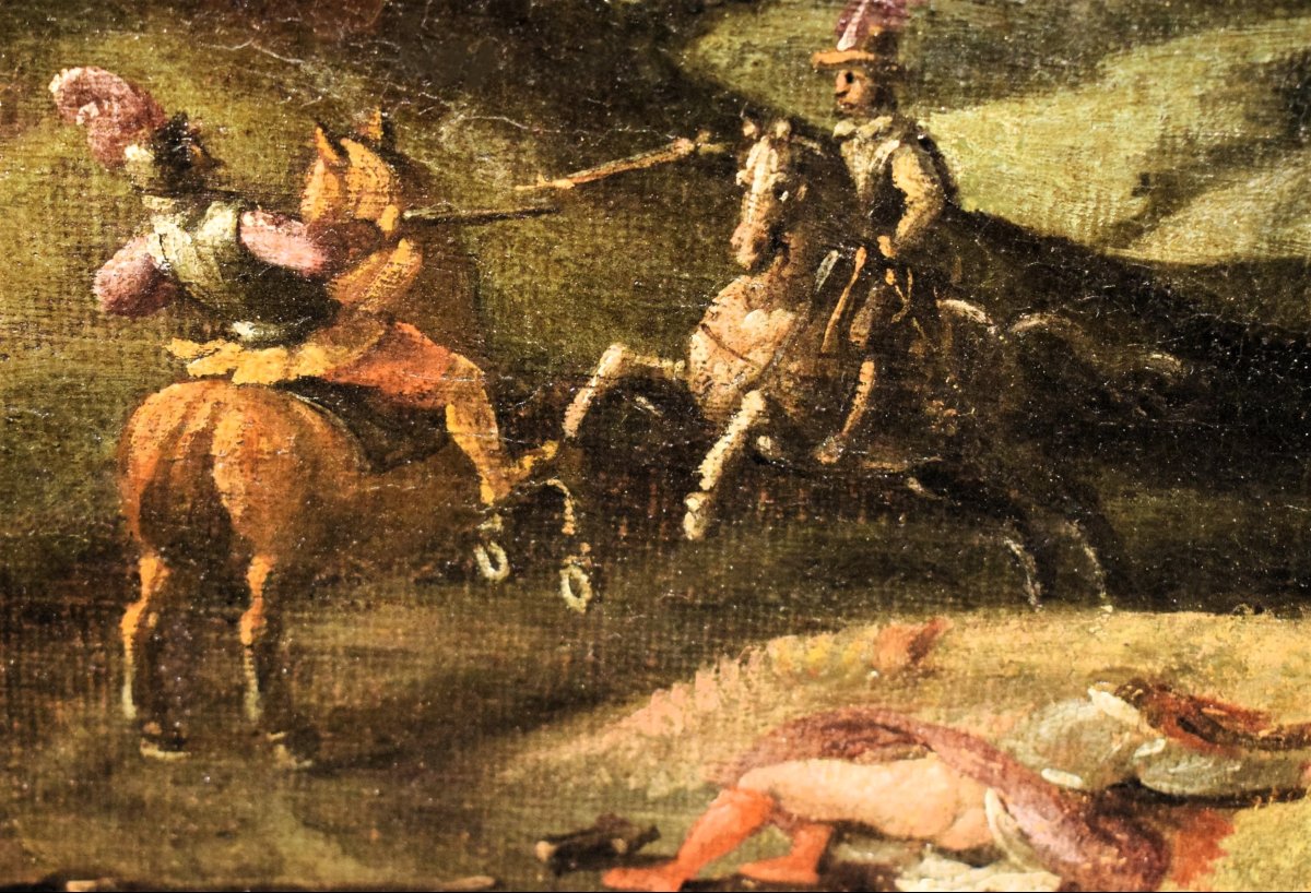 Assalto al villaggio con scontro tra cavalieri -Maestro Fiammingo, XVII° secolo-photo-4