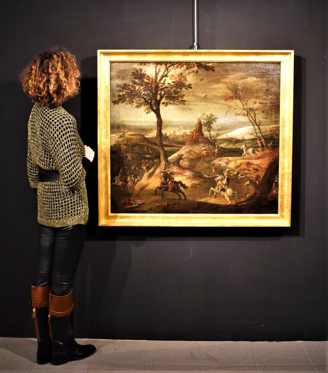 Assalto al villaggio con scontro tra cavalieri -Maestro Fiammingo, XVII° secolo-photo-6