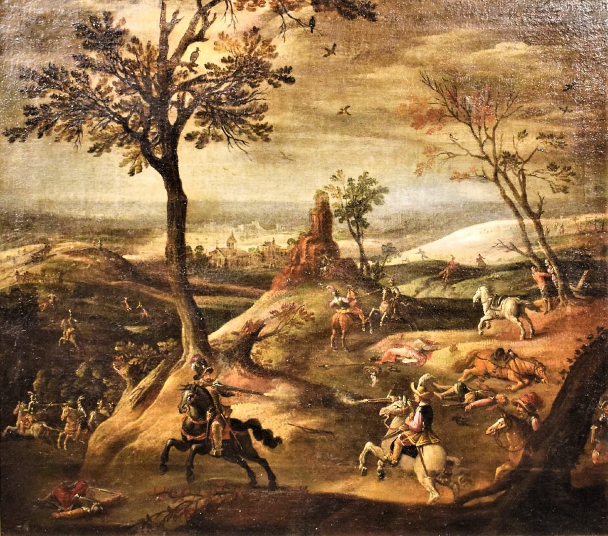 Assalto al villaggio con scontro tra cavalieri -Maestro Fiammingo, XVII° secolo