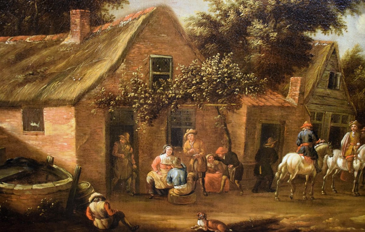Personaggi e cavalieri nel cortile dell'osteria.  - David Teniers II, (1610-1690)-photo-1