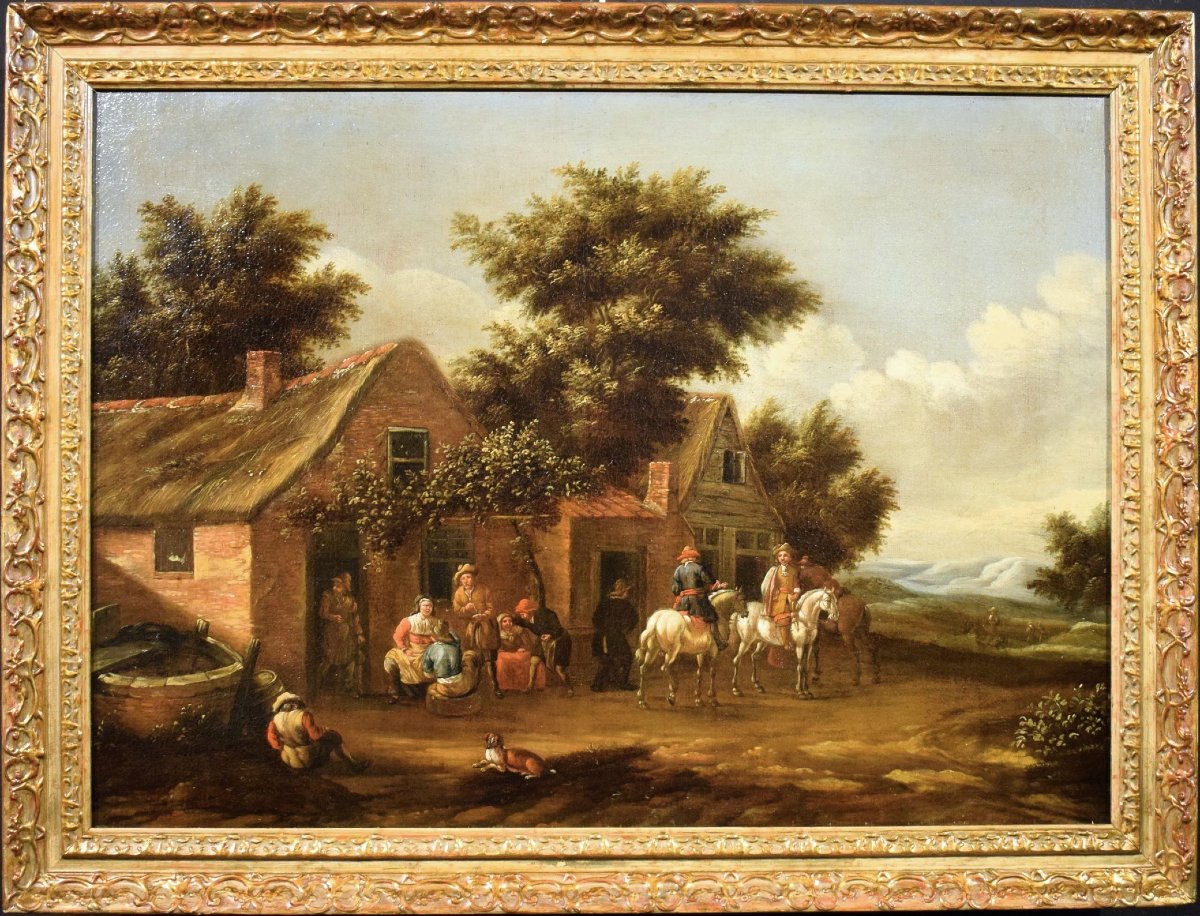 Personaggi e cavalieri nel cortile dell'osteria.  - David Teniers II, (1610-1690)