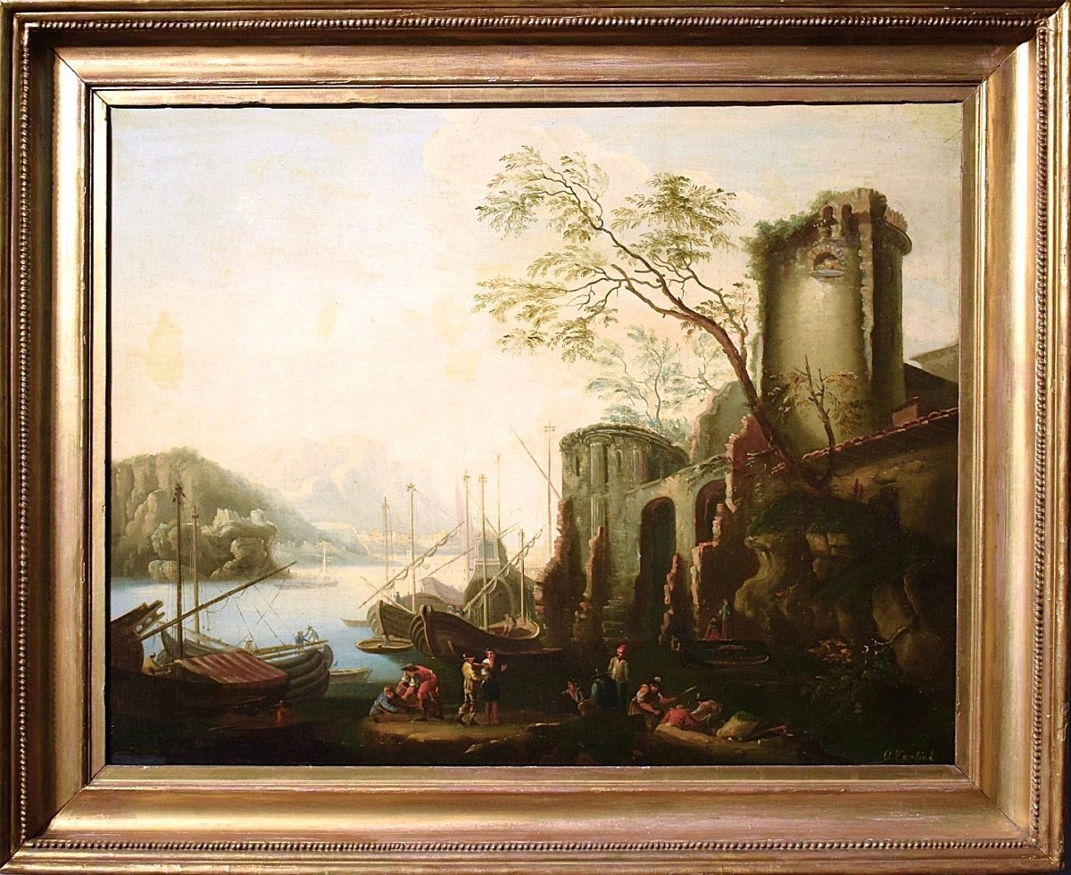 Paesaggio costiero con scena portuale e rovine - Abraham Teerlink (Olanda 1776 -Roma 1857)-photo-2