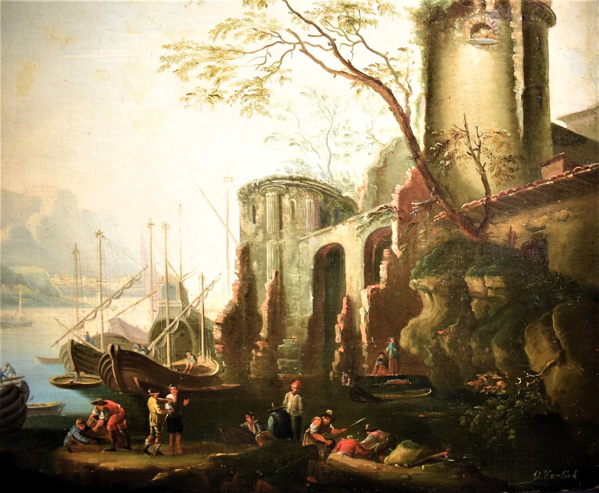 Paesaggio costiero con scena portuale e rovine - Abraham Teerlink (Olanda 1776 -Roma 1857)-photo-3
