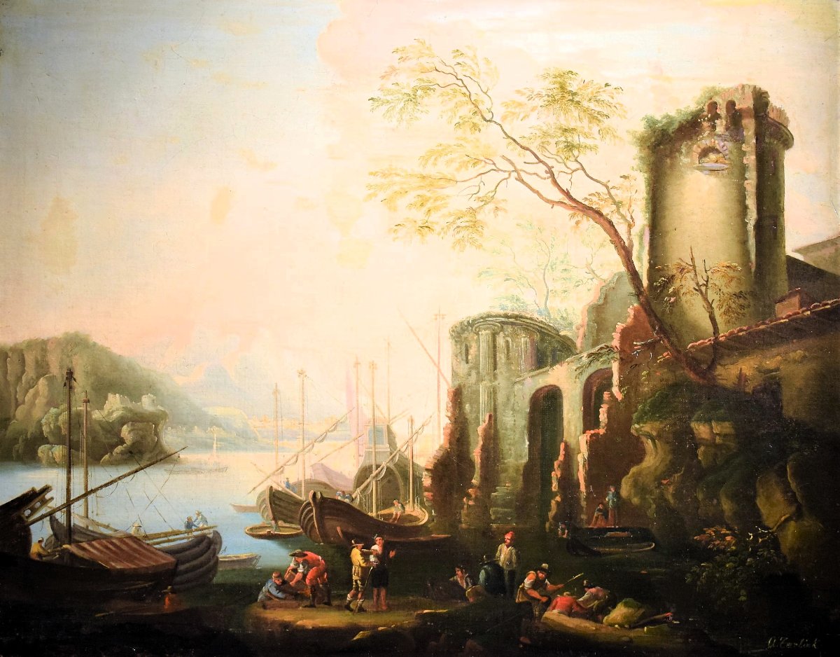 Paesaggio costiero con scena portuale e rovine - Abraham Teerlink (Olanda 1776 -Roma 1857)