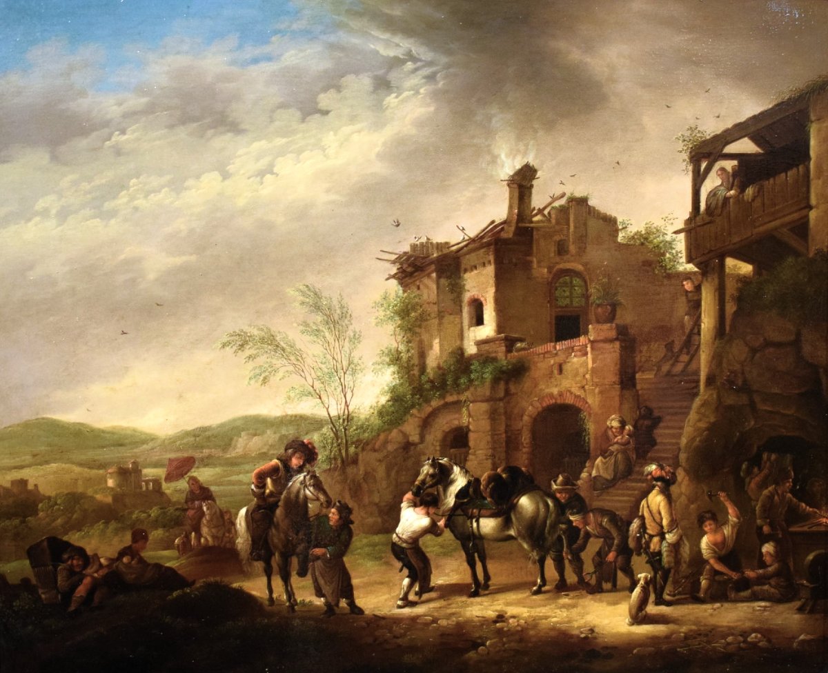 La sosta dei cavalieri al villaggio - Maestro fiammingo - Epoca metà XIX secolo-photo-2