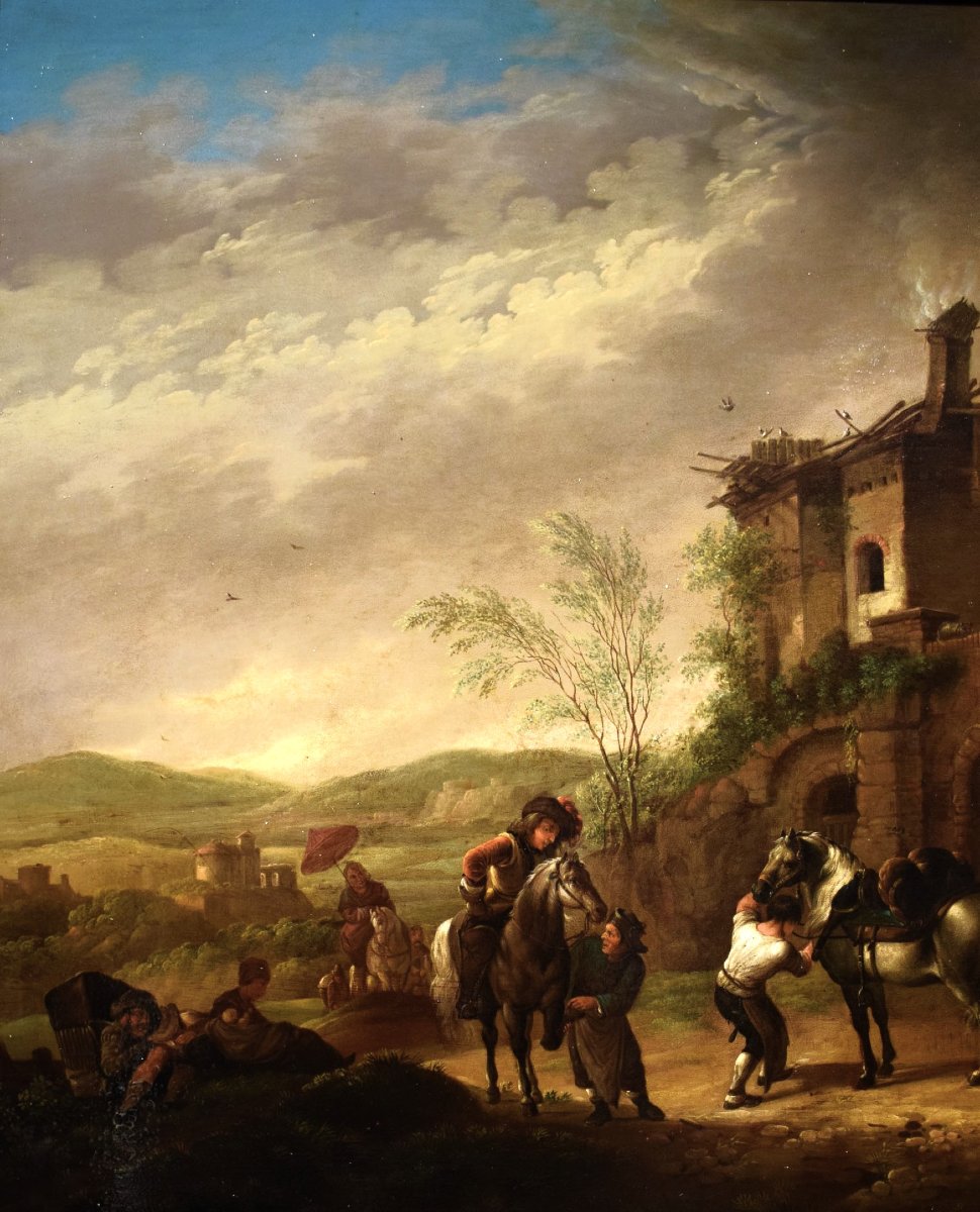 La sosta dei cavalieri al villaggio - Maestro fiammingo - Epoca metà XIX secolo-photo-3