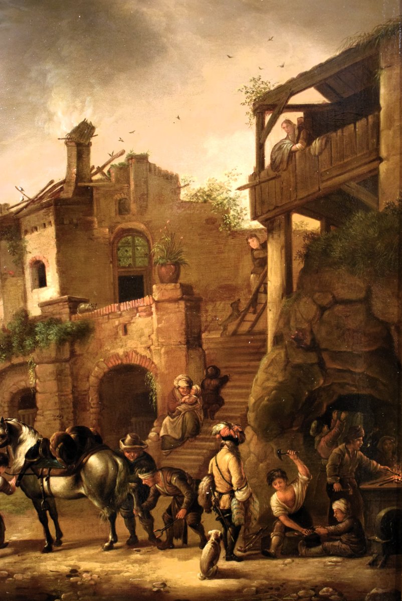 La sosta dei cavalieri al villaggio - Maestro fiammingo - Epoca metà XIX secolo-photo-1