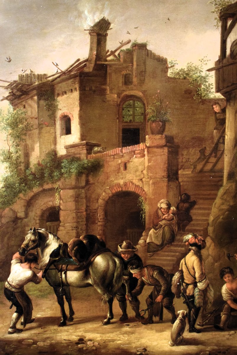 La sosta dei cavalieri al villaggio - Maestro fiammingo - Epoca metà XIX secolo-photo-2