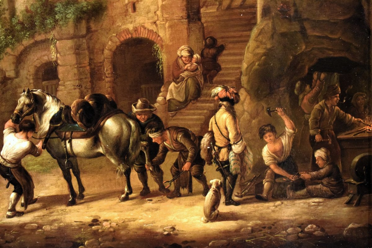 La sosta dei cavalieri al villaggio - Maestro fiammingo - Epoca metà XIX secolo-photo-3