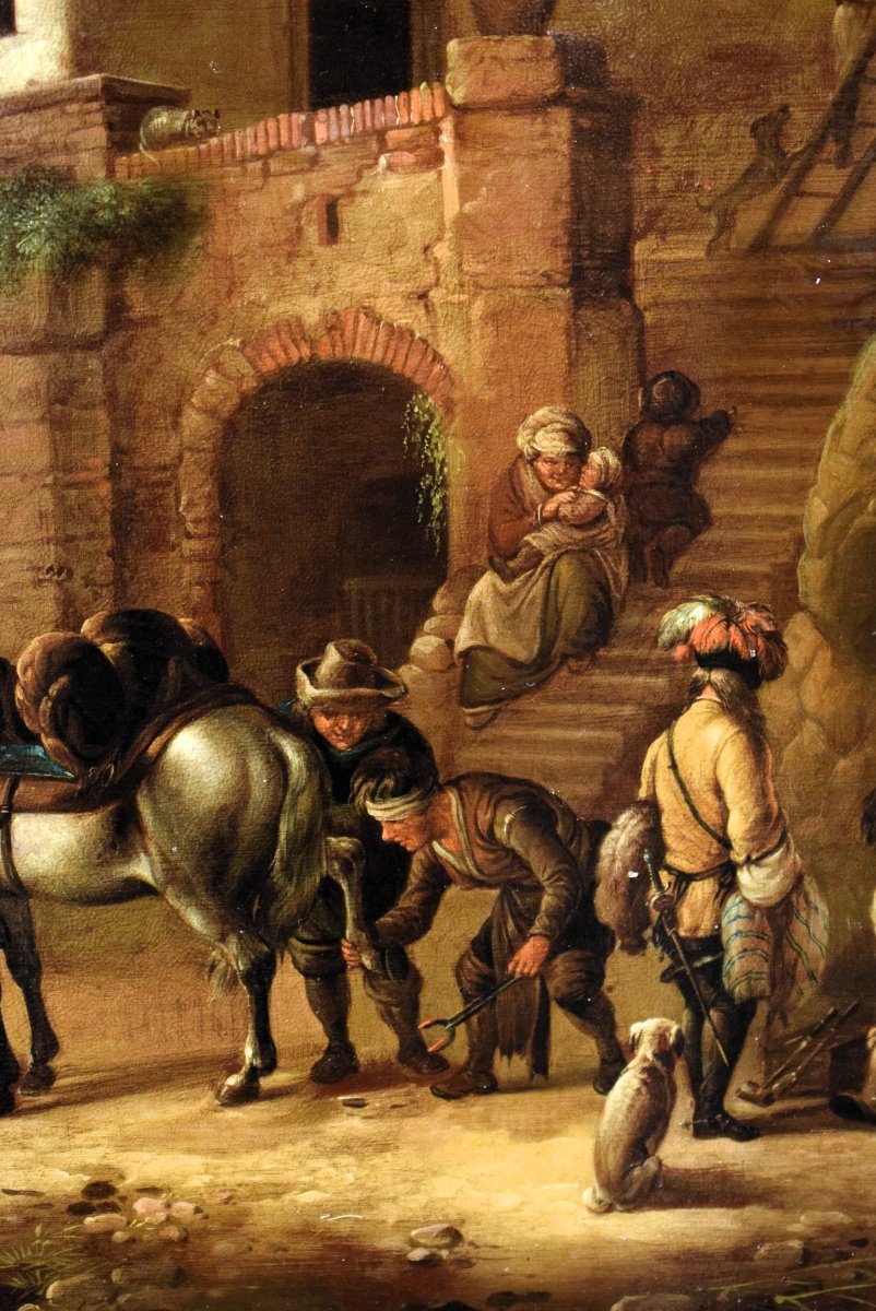 La sosta dei cavalieri al villaggio - Maestro fiammingo - Epoca metà XIX secolo-photo-4