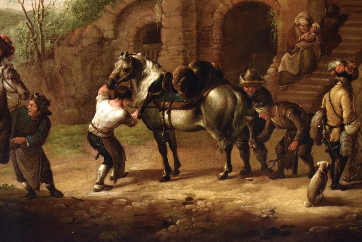 La sosta dei cavalieri al villaggio - Maestro fiammingo - Epoca metà XIX secolo-photo-5