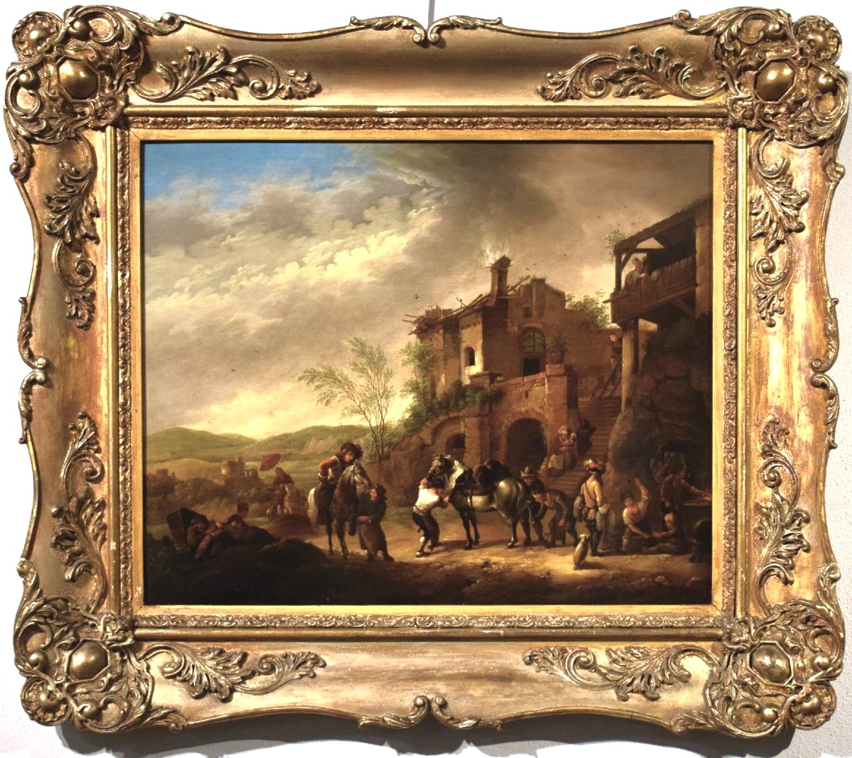 La sosta dei cavalieri al villaggio - Maestro fiammingo - Epoca metà XIX secolo