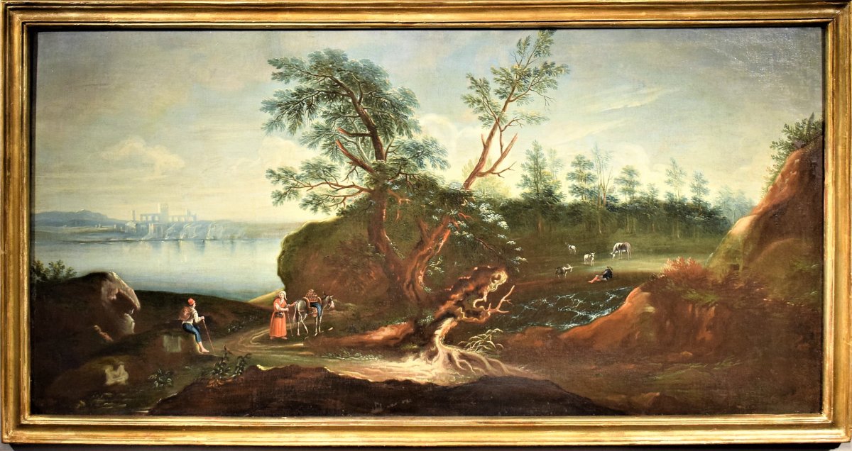 Grand Paysage De Lac Avec Bois Et Personnages,  école Vénitienne Du XVIIIème