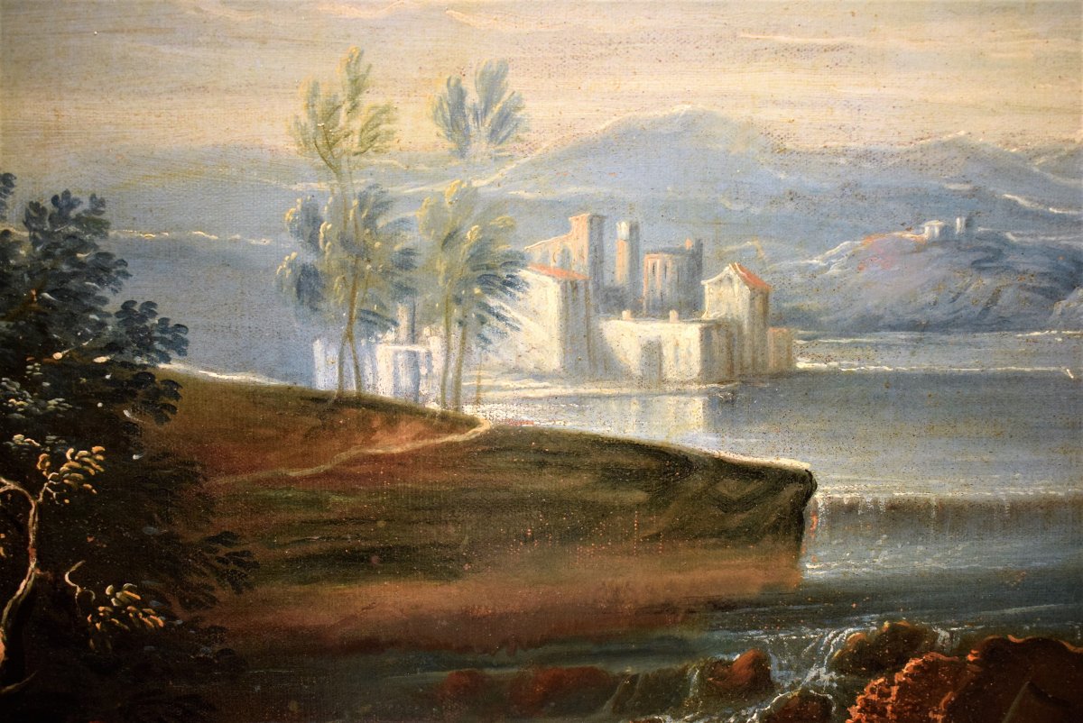 Grand Paysage De Lac Avec Ruines  école Vénitienne Du XVIIIème-photo-2