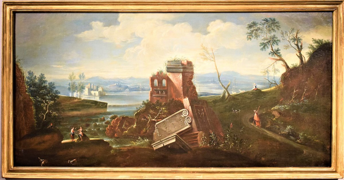 Grand Paysage De Lac Avec Ruines  école Vénitienne Du XVIIIème