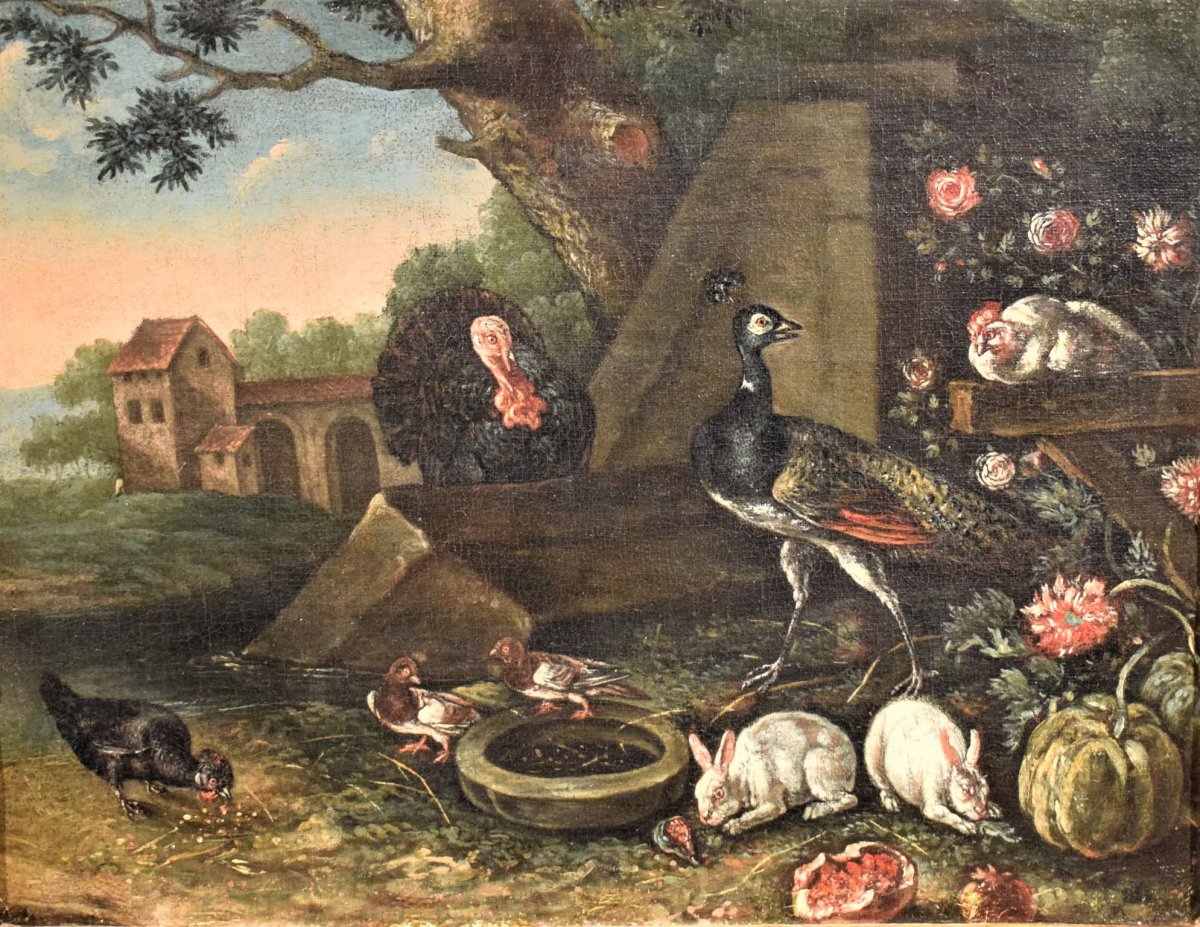 "Cour avec animaux et fleurs" ècole Flamand du XVIIème-photo-2