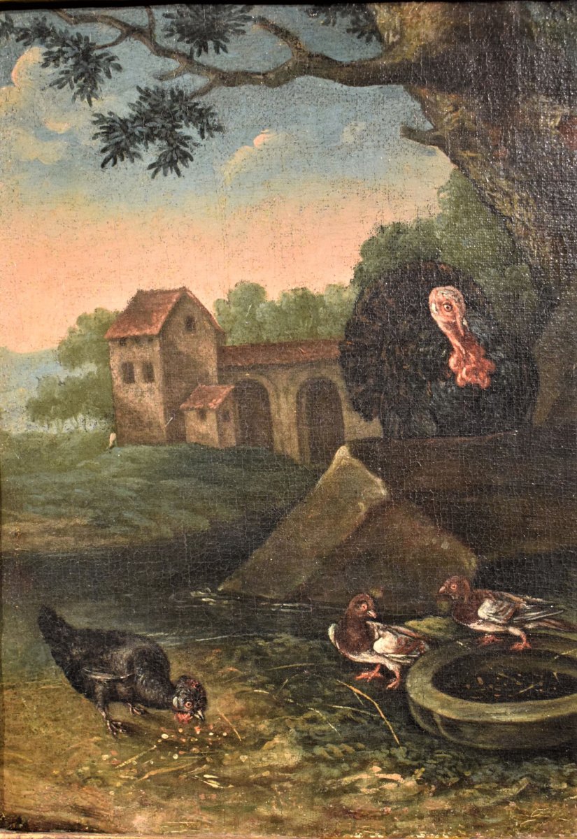 "Cour avec animaux et fleurs" ècole Flamand du XVIIème-photo-3