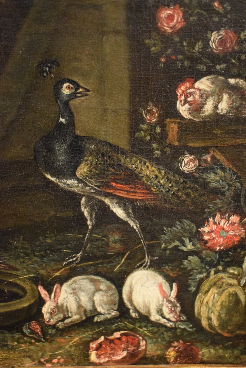 "Cour avec animaux et fleurs" ècole Flamand du XVIIème-photo-4