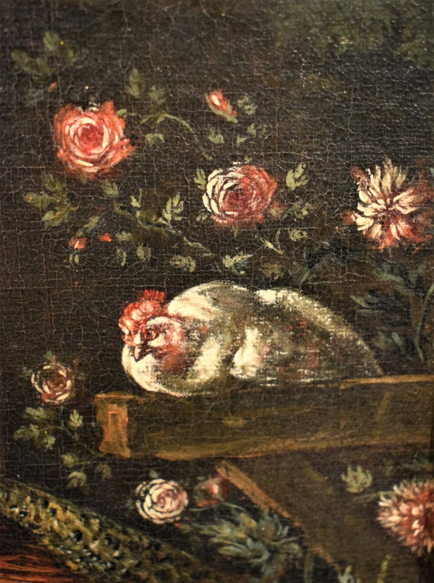 "Cour avec animaux et fleurs" ècole Flamand du XVIIème-photo-2