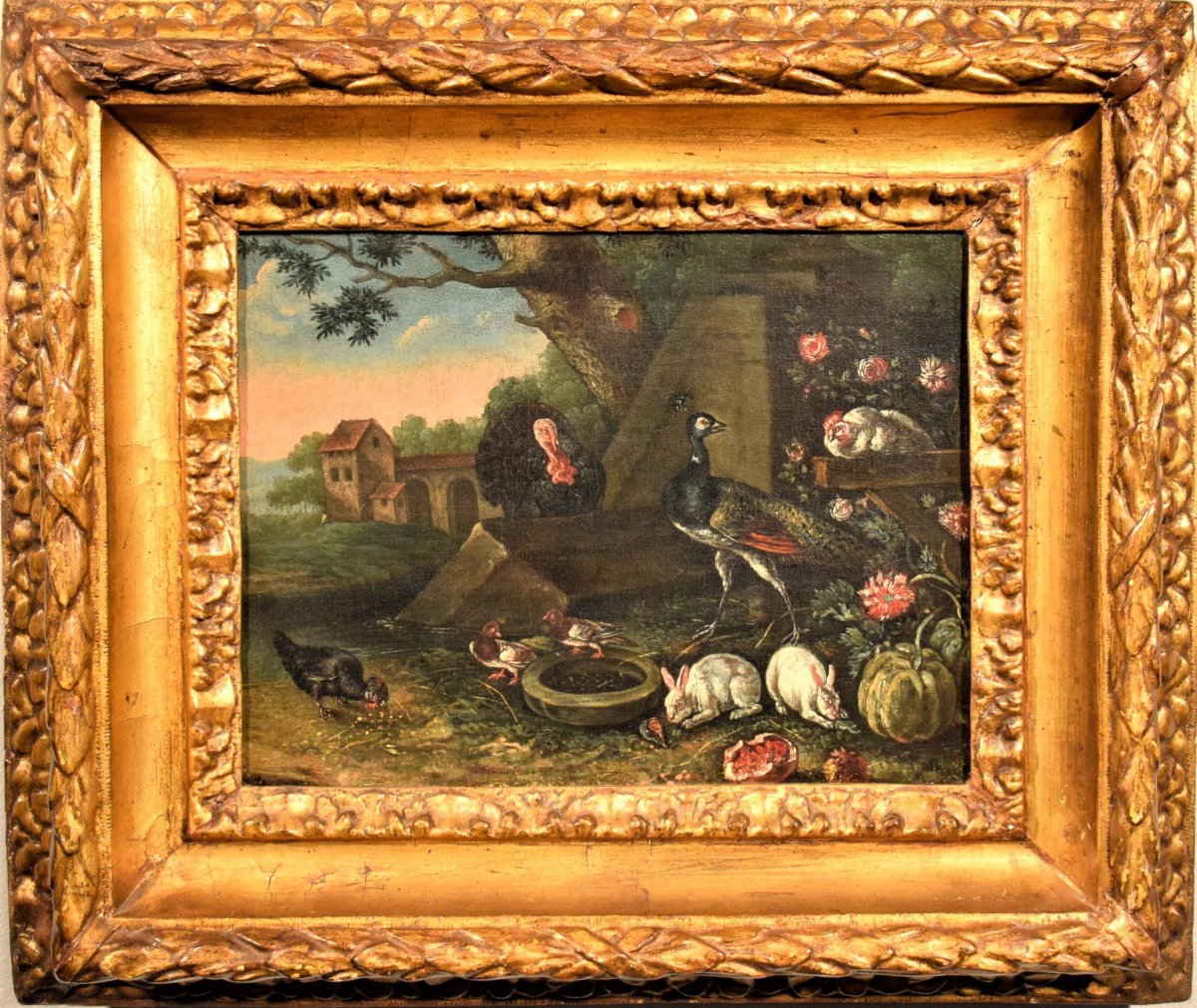 "Cour avec animaux et fleurs" ècole Flamand du XVIIème
