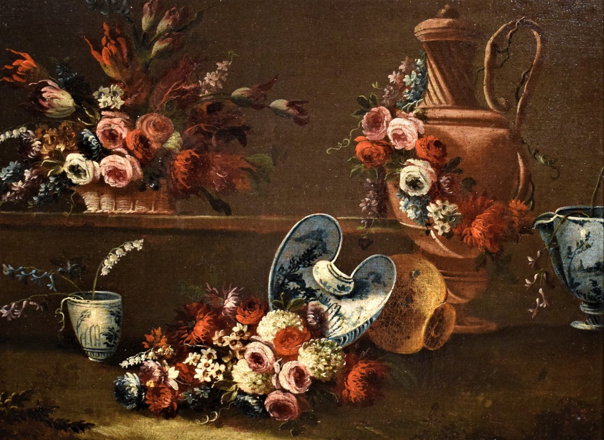Nature Morte avec  pots de Fleurs  et  poterie - Italie XVIIIème-photo-2