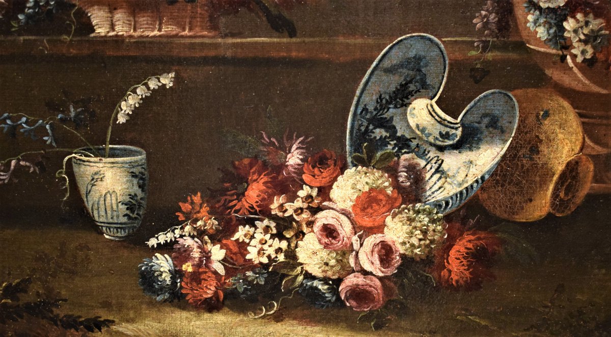 Nature Morte avec  pots de Fleurs  et  poterie - Italie XVIIIème-photo-3