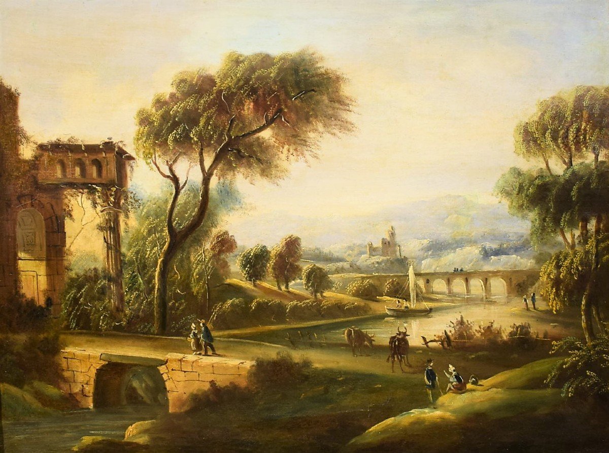 Paysage Fluvial Avec Pont Et Ruines  école Romaine Fin XVIIIème-photo-2