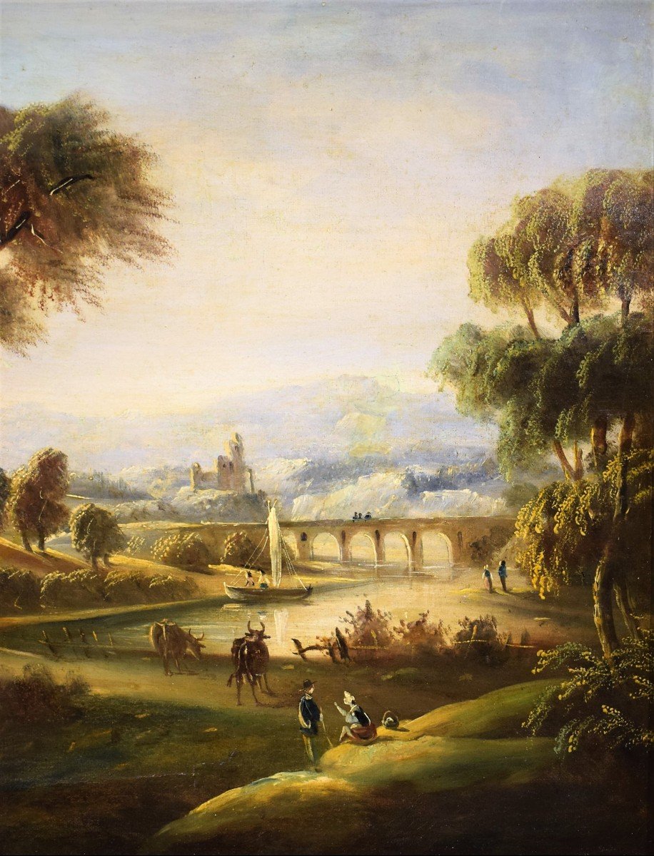 Paysage Fluvial Avec Pont Et Ruines  école Romaine Fin XVIIIème-photo-4