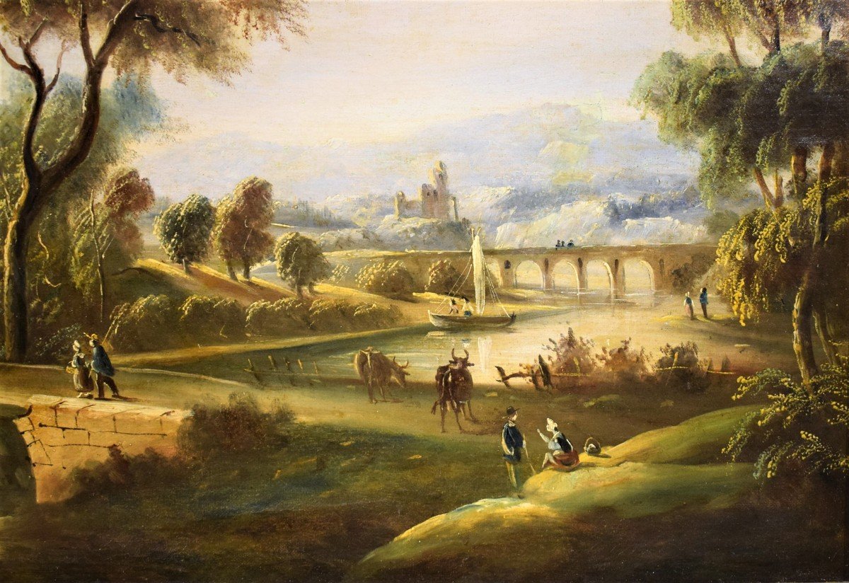 Paysage Fluvial Avec Pont Et Ruines  école Romaine Fin XVIIIème-photo-1
