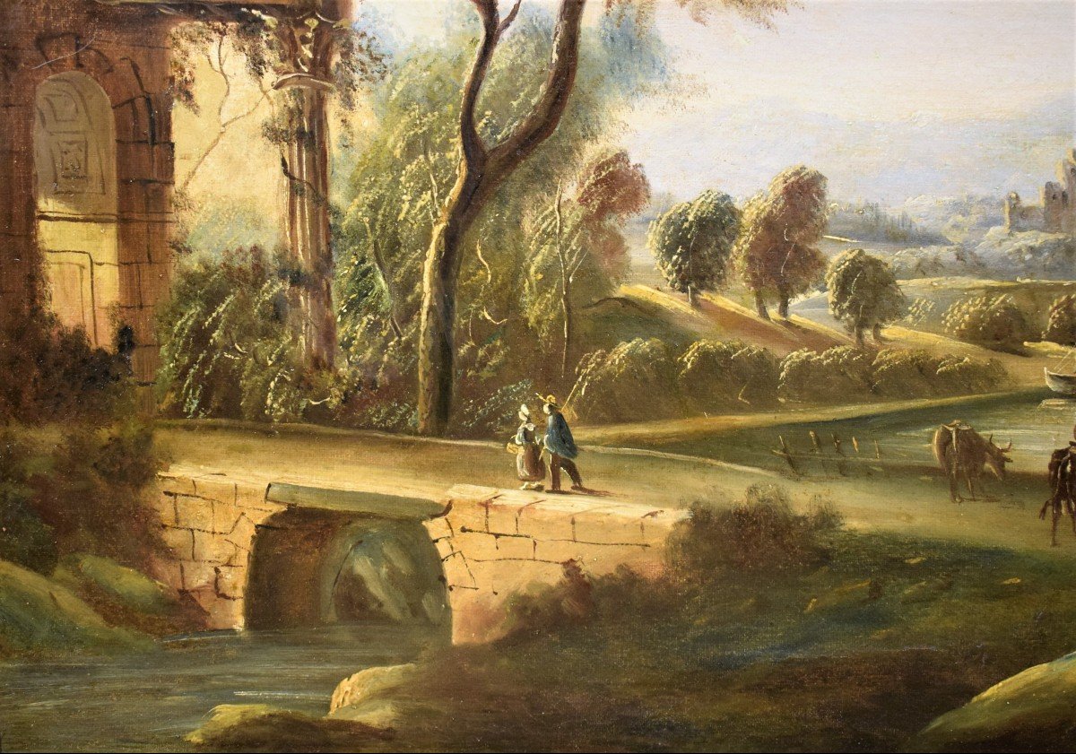 Paysage Fluvial Avec Pont Et Ruines  école Romaine Fin XVIIIème-photo-2