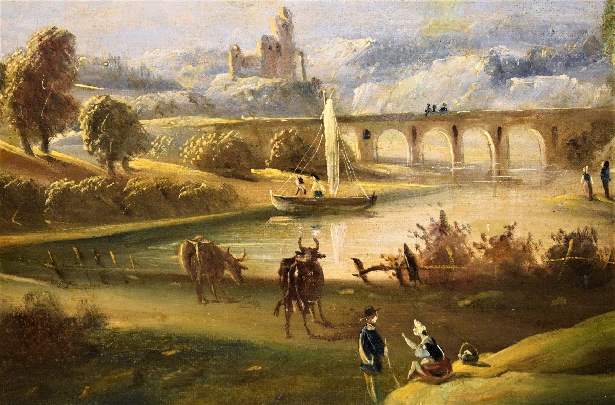 Paysage Fluvial Avec Pont Et Ruines  école Romaine Fin XVIIIème-photo-4