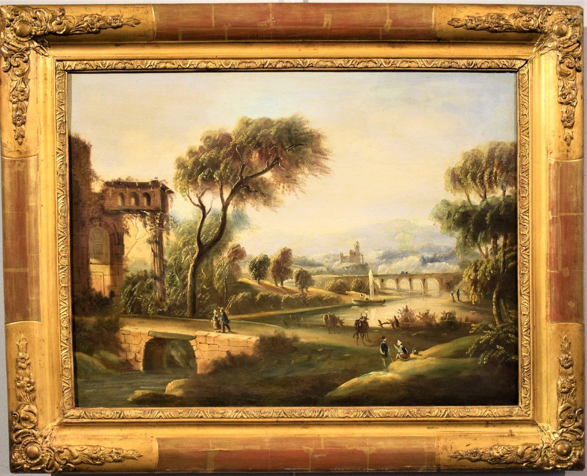 Paysage Fluvial Avec Pont Et Ruines  école Romaine Fin XVIIIème